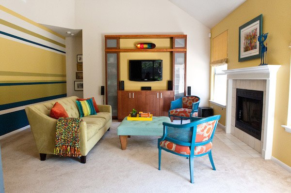 Paint colors were used strategically in this two-story family room to keep the need for future changes minimal. Photo by Suzi Q. Varin / Q Weddings. © Room Fu – Knockout Interiors.